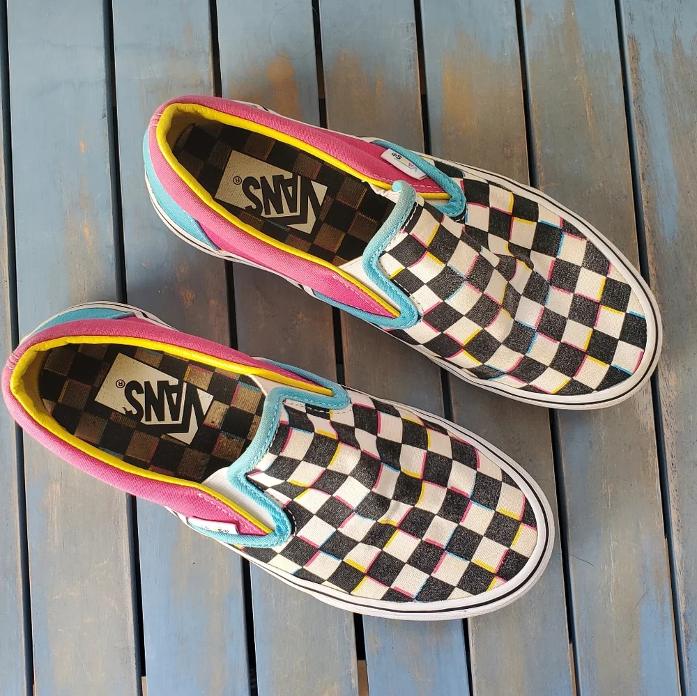 VANS Checkerboard Slip-On Black White Pink Blue Yellow Women's Size 6 - Picture 2 of 10